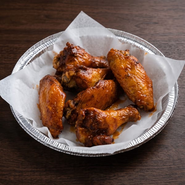 Glazed chicken wings in a foil container lined with white parchment paper on a wooden table.