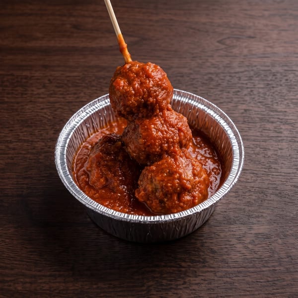 Meatballs in red sauce, with one on a toothpick, in a foil container on a wooden table.