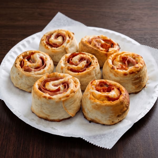 Seven golden-brown pizza rolls with pepperoni and cheese, served on a white paper plate.