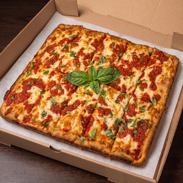 Square Detroit-style pizza with red sauce, melted cheese, and fresh basil in a cardboard box.