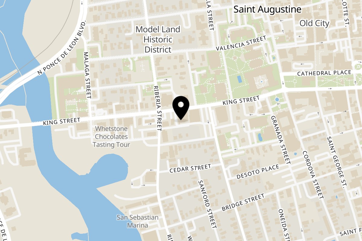 Map showing the location of St. Augie's Pizza on 113 1/2 King St in St. Augustine